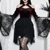 Casual Dresses Goth Dark Vampire Mall Gothic Velvet Aline Grunge Punk Lace Patchwork Mini Dress Women Flare Sleeve Halter Outfit