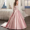 Robes de fille de luxe en Satin fleur pour mariage à manches longues nœud robe de princesse bouffante fête d'anniversaire robe de sainte Communion avec train