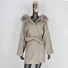 Femmes mélanges de laine CXFS col de fourrure de renard naturel capuche cachemire réel manteau veste d'hiver femmes surdimensionné vêtements coupe large ceinture 231114