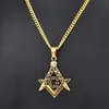 Pendant Necklaces Men's Gold Masonic Symbol Pendant Necklace Stainless Steel Fashion Punk Retro Freemason Pendant With 20-27" Cuban Chain T230413