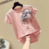 Women's T-Shirt Streetwear Women T Shirts Flowers Solid Appliques Beading Tops Female Summer Short Sleeve Plus Size Tees Cotton Clothes 230414