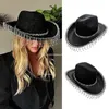 Berets Tassel Cowgirl Hat Rhinestones Bride Fedora Cowboys Bachelorette Party for Bridal Dropship