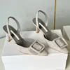 Spänne Suede Trim Linen Kitten Hee Slingbacks Dress Shoes Stiletto Sandaler Kvinnors lyxdesigners äkta läder yttersula med låda gratis leverans
