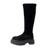 Botas outono/inverno nova moda sola grossa salto alto elástico preto pelúcia versátil casual manga fina longa