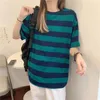 女性用TシャツoネックグリーンストライプTシャツ女性サマーティーシャツルーズハラジュクストリートウェアカジュアル半袖ヒップスタートップメスモーダ