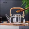 Teapots Borrey Handle Glass Teapot Heat-Resistant Flower Tea Kettle Large Clear Fruit Juice Container Ceramic Holder Base 210621 Drop Otaqu