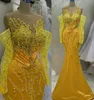 Aso Ebi Yellow Mermaid Evening Dresses sheer neck Long Sleeve Lace Beaded Crystal Prom Occasion Gown Robe De Soiree