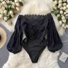 NXY Design Mulheres Hollo Mulheres Mangas Putres de Musas Push Pescoço Sexy Slim Levesuits Autumn Corean Off ombro Bodysuit curto Novo 230328