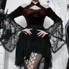 Casual Dresses Goth Dark Vampire Mall Gothic Velvet Aline Grunge Punk Lace Patchwork Mini Dress Women Flare Sleeve Halter Outfit