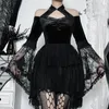 Casual Dresses Goth Dark Vampire Mall Gothic Velvet Aline Grunge Punk Lace Patchwork Mini Dress Women Flare Sleeve Halter Outfit