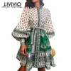 Livivio Vintage Floral Print Long Puff Sleeve Lace Up midja eleganta damer miniklänning höstkläder för kvinnor koreanska y200102212f