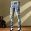 Heren Jeans Blauw Patroon Patch Slanke Rechte Stretch Denim Broek Broek Jean Voor Mannen 2023 Herfst Mode Borduren Hip hop