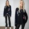 23aw Zadig Voltaire Designer Sweater Casual Vintage Printing ZV Classic Style Hot Fashion Hooded Loose Wool Sticked Plush Women Versatile Hoodie tröja TIDE TOPS