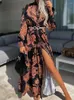 Robes décontractées printemps mode motif imprimé chemise robe bureau Sexy col en V fente longue fête été femmes à manches Maxi