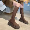 Botas outono/inverno nova moda sola grossa salto alto elástico preto pelúcia versátil casual manga fina longa