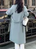 Damen-Wollmischungen, koreanische Mode, für Damen, lässig, lockerer Wollmantel, elegant und schick, solide Oberbekleidung, langer Mantel mit Gürtel, warmer Damenmantel 231114