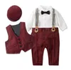 Kledingsets Babypakje pasgeboren heren jumpsuit vest hoed formele jurk feestboog kinderverjaardagsjurk pasgeboren 0-3Y 231114