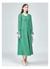 Casual Dresses 60m/m Heavy Silk Long Empty Round Neck Sleeve Women Stitching Bow Bandage Pleated Large Hem A-line Dress AE1260