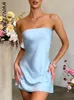 Casual Dresses BOOFEENAA Strapless Backless Mini Satin Flowy Short Party Dress Black Blue Sexy Night Club Outfits for Women C92BI13 230414