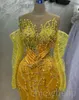 Aso Ebi Yellow Mermaid Evening Dresses sheer neck Long Sleeve Lace Beaded Crystal Prom Occasion Gown Robe De Soiree