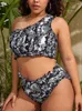 Women's Swimwear Snake Skin High Waist Plus Size Bikini Flounce One Shoulder Bandeau Push Up Large Women Swimsuit Bigi Bathing Suit