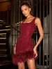 Casual Dresses Modphy 2023 Sexy Luxury Sequins Sleeveless Mini Dress Elegant Pink Feather Backless Slim Celebrity Evening Party