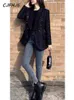 Damenanzüge Blazer CJFHJE Frauen Mode Tweed Zweireiher Schwarz Blazer Mantel Vintage Langarm Pattentaschen Weibliche Oberbekleidung Chic Anzug Femme 231114