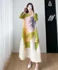 New ISSEY Casual Pleated Fashion Style Dress Women's Round Neck Printed Dress 14