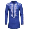 Abbigliamento etnico Camicia elegante con stampa Dashiki africana blu Uomo 2023 Marchio Streetwear Abiti lunghi Slim Fit manica lunga Chemise Homme