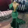 Vestidos de festa Ilusão de veludo verde Mermaid Prom Apliques de pescoço alto Vestidos de noite de renda dourada 2023 chegada