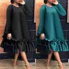 Robes décontractées 2023 Noir tricoté côtelé midi pour femmes col en V élégant vêtements coréens manches longues volants lâche été vert