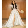 African Illusion Pearls Crystal Bridal Satin Church Long Mancheve Robes de mariée Côté Split Arabe Garden Reception Robes 0516