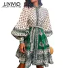 Livivio Vintage Floral Print Long Puff Sleeve Lace Up midja eleganta damer miniklänning höstkläder för kvinnor koreanska y200102212f