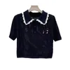 Damen-Strick-T-Shirts Designer MIU Home 2023 Sommer Neues Schwarz-Weiß-Kontrast-Buchstaben-Puppenhals-Kurzarm-Hohl-Mesh-Strick-Top-T-Shirt weiblich B47F