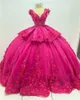 Fuchsia Princess Quinceanera Dresses 2023 Sheer Neck Lace-Up Corset 3D Floral Black Girl Vestido De 15 Anos Quinceaneras 328 328