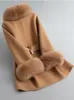 Women's Wool Blends CXFS Real Fur Coat Winter Jacket Women Natural Fox Fur Collar Cuffs Belt Cashmere Wool Woolen Ladies Outerwear Streetwear 231113