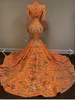 Robes de soirée sirène en dentelle orange classique col haut manches longues robes de soirée pour occasions spéciales train tribunal arabe Aso Ebi deuxième robe de bal de réception CL2922