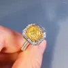 Cluster Anéis Luxo 925 Sterling Plata Casamento Banda Jóias Princesa Quadrado Amarelo Zircão Pedra Dedo Para Mulheres Menina Presente De Noiva