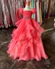 Long Ruffle Little Girl Pageant Dress Cap Sleeves Off-Shoulder Beads Coral Baby Kid Fun Fashion Runway Drama Birthday Formal Cocktail Party Gown Toddler Teen Preteen