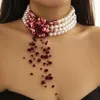 Hänge halsband goth vintage rött blodmönster imitation pärlkedja halsband för kvinnor gifter brud långa tofs pärlor halloween smycken