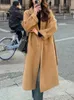 Womens Wool Blends Korean Fashion Women Casual Loose Woolen Coat Elegant and Chic Solid Outerwear Long Overrock med Belted Female Warm Cloak 231114