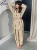 Женские брюки из двух частей Oymimi Элегантный женский комплект из 2 предметов цвета хаки Модная рубашка с длинным рукавом на шнуровке с двубортными карманами и простые брюки 231113