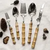 Geschirr-Sets Luxus-Western-Besteck-Set mit natürlichem Bambusgriff 18/10 Edelstahl-Menü-Messer-Gabel-Löffel-Geschirr-Besteck