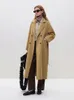 Women's Wool Blends FSLE 100% Wool Black Temperament Long Double Breasted Woolen Jackets 60.6% Wool 10.5% Silk Belt Design Female Beige Apricot Coat 231114