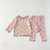 Set di abbigliamento Completo da casa per bambini Autunno a maniche lunghe Pigiama in cotone a costine Set da due pezzi con bordo in legno per le orecchie Da ragazza