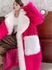 Женское меховое розово-красное длинное свободное меховое пальто с большими лацканами, защищающее окружающую среду, шерстяная куртка с большими карманами, толстые Chaquetas с хлопковой подкладкой