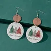 Dangle Earrings Merry Christmas Tree Sequins Glitter Leather Brown Wood Round Geometric Women Holiday Gift Jewelry