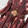 Abiti casual 2023 Mini abito da donna con cintura a maniche lunghe con stampa floreale bordeaux di alta qualità vintage in seta autunnale