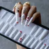 False Nails Luxury white Coffin false nails Red outline French Rhinestone Fake nails Box Press on nails Ballet Q231114