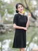 Ubranie etniczne Popraw chiński krótki styl A-line Qipao Girls Party Dress Fashion Black Jacquard Satynowe rękaw